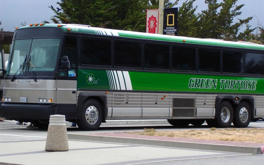 Green Tortoise Adventure Travel bus, side view