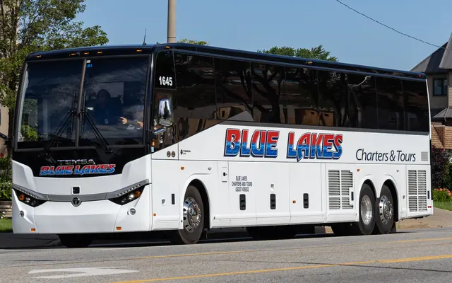 Blue Lakes Charters & Tours, Inc. bus, front corner view